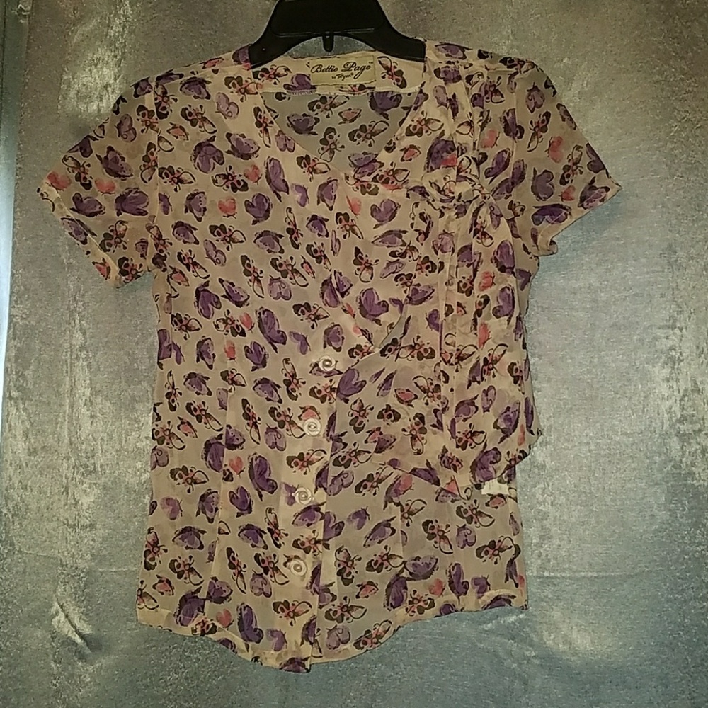 Bettie Page tie neck, sheer, butterfly print shirt